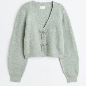 H&M sage green knit rhinestone bow cardigan XS